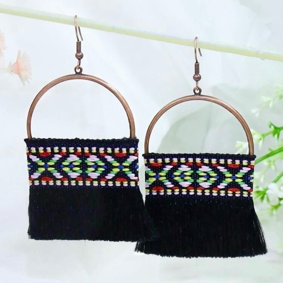 FESTIVAL TRIBAL INSPIRED EMBROIDERED BLACK TASSEL BOHO FRINGE EARRINGS - Picture 2 of 3